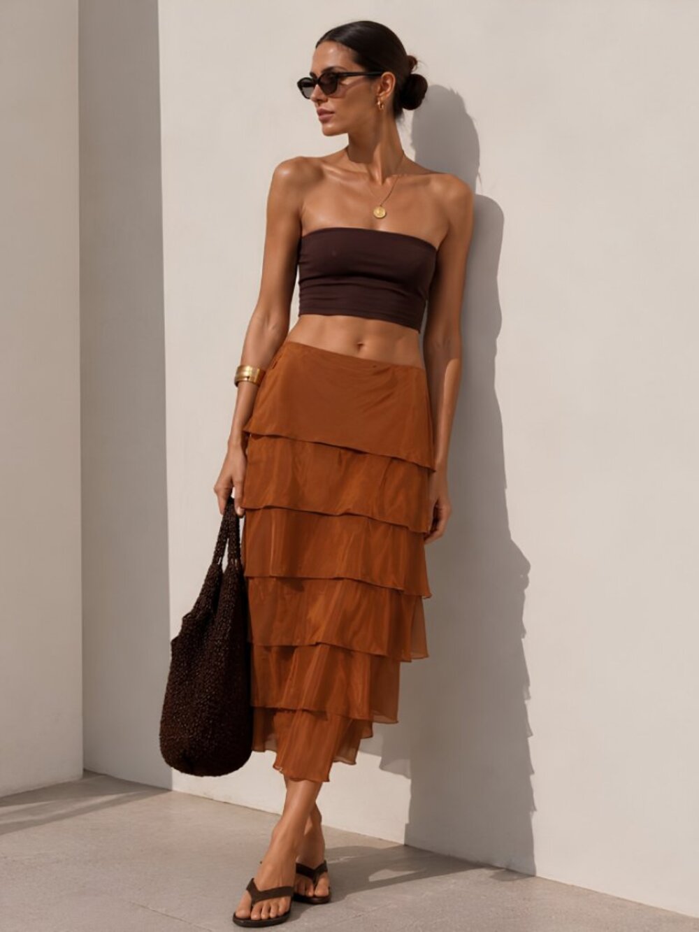 Zara Rust Brown Raw Edge Tiered Midi Skirt - Sz M